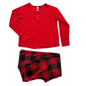 Stars Above 2pc Pajama Set Womens XS Long Sleeve Henley Top & Pants Stretch Red